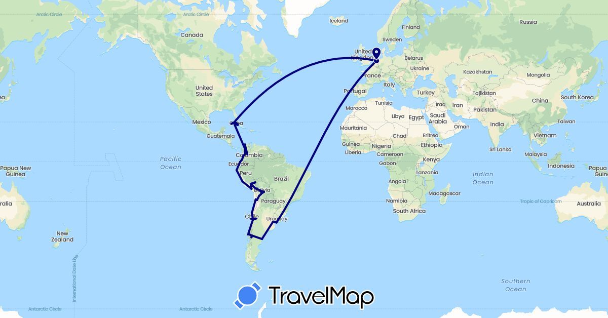 TravelMap itinerary: driving in Argentina, Bolivia, Chile, Colombia, Cuba, Ecuador, Netherlands, Peru, Uruguay (Europe, North America, South America)